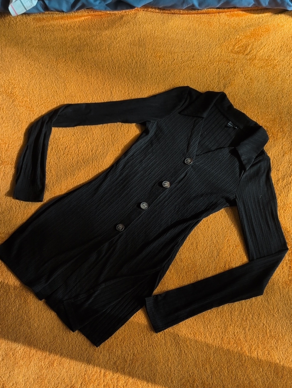 Black Ribbed Button-Front Long Sleeve Top